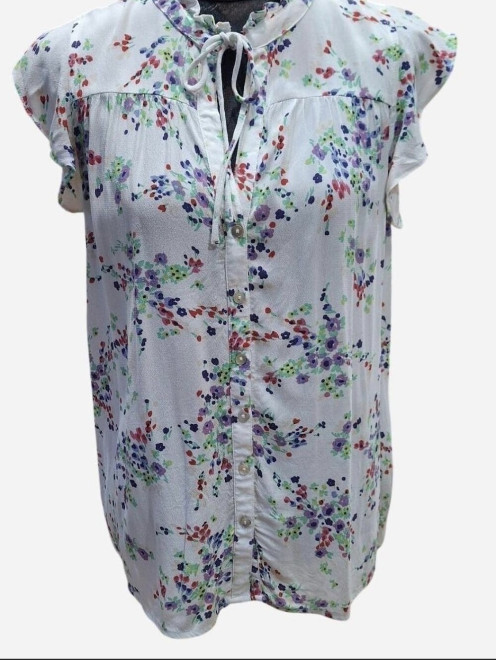 Lovestitch Floral Ruffle Flutter Sleeve Tie Neck Blouse - Size S